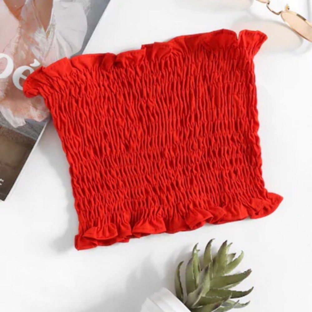 Red Shirring Bandeau Top
